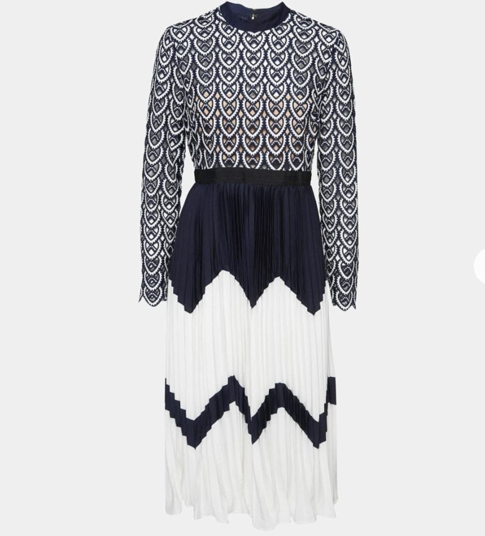 Self-Portrait Dress Crochet Pleated Skirt Midi Dress Navy Blue White UK 10 US 6